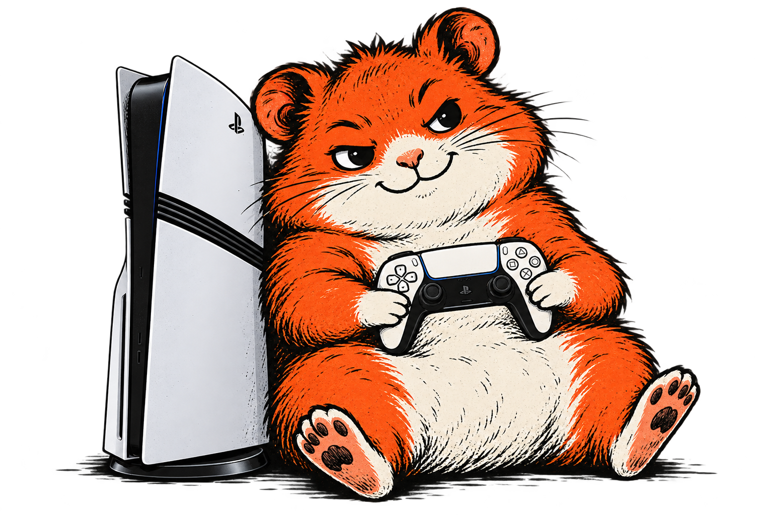 Рисованный рыжий хомяк Хома с геймпадом рядом с PlayStation 5 Pro